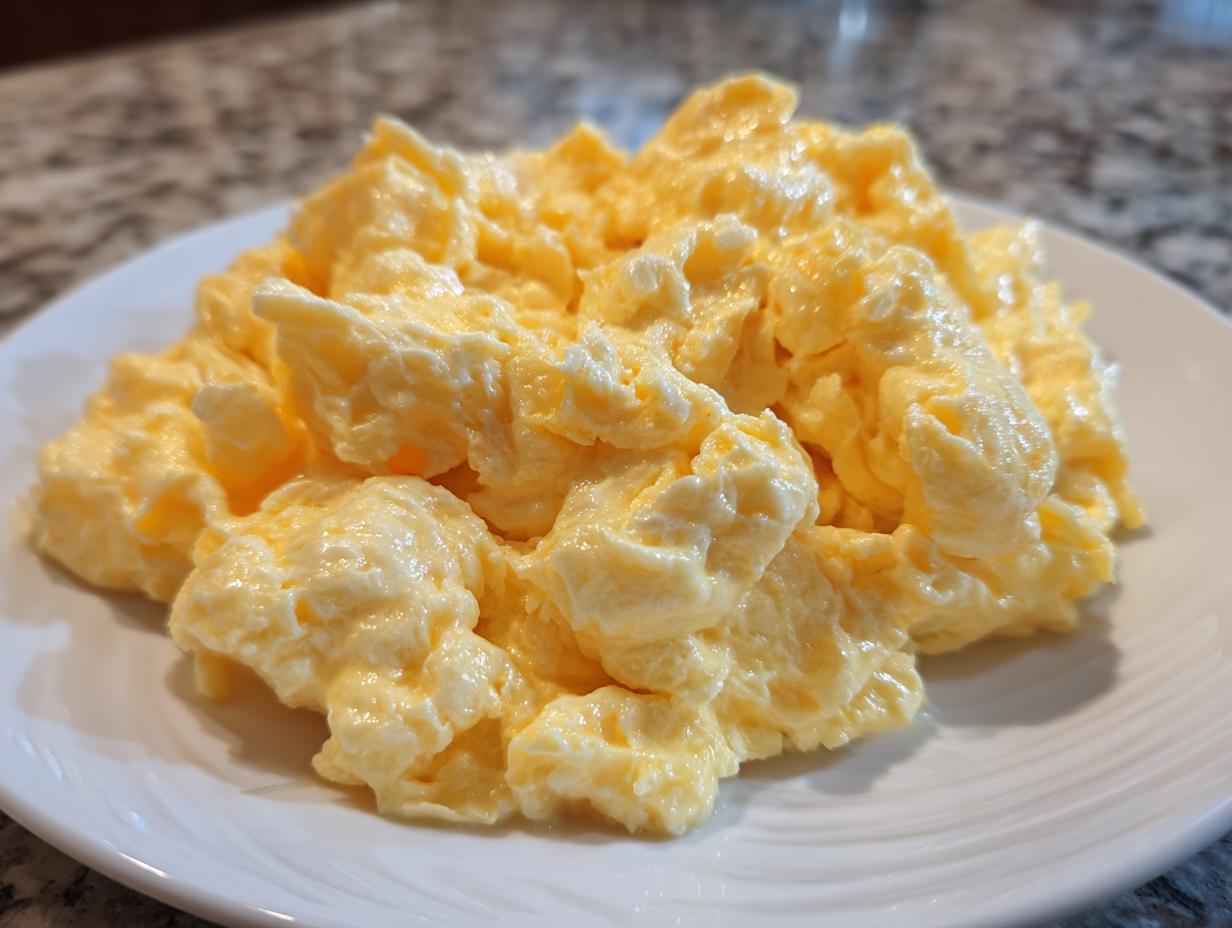 Close-up of perfectly cooked, creamy, and fluffy scrambled eggs piled high on a white plate.