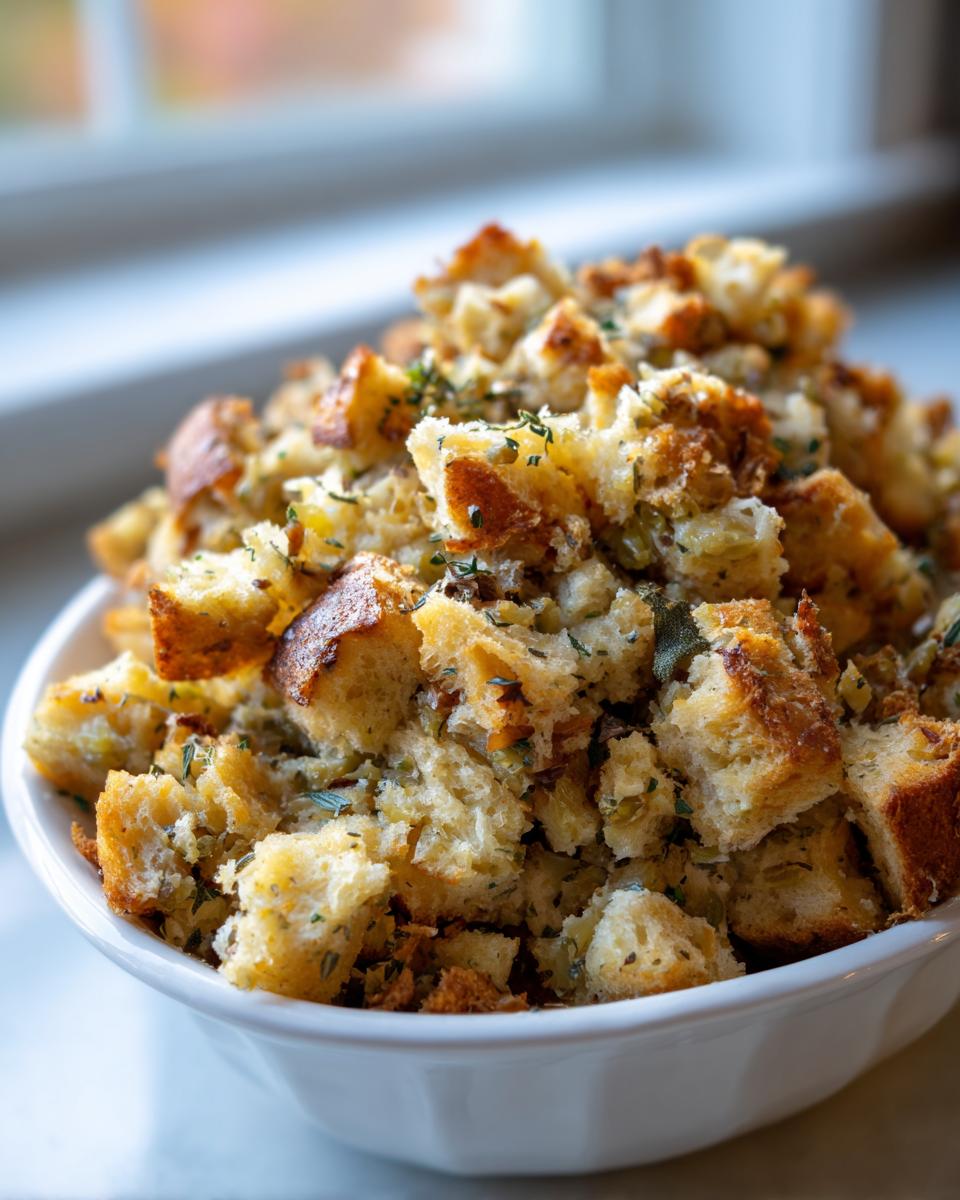Close-up of fluffy, herb-seasoned bread cubes making up delicious crock pot stuffing in a white serving bowl.