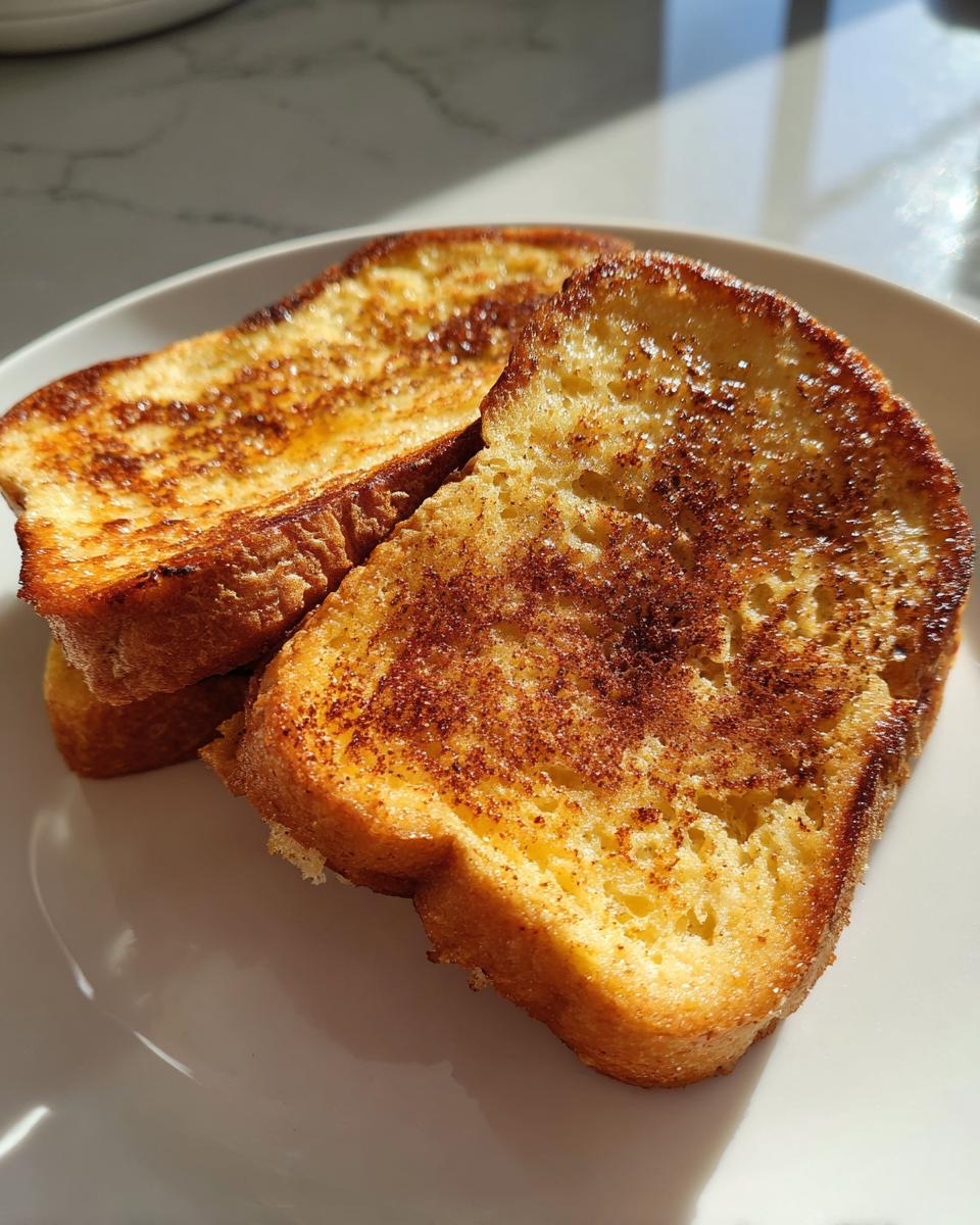 Close-up of two slices of fluffy easy french toast dusted heavily with cinnamon sugar on a white plate.