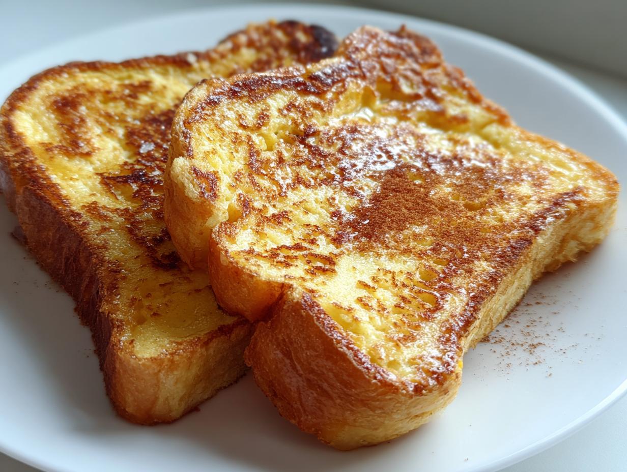 Two golden brown slices of easy french toast dusted with cinnamon on a white plate.