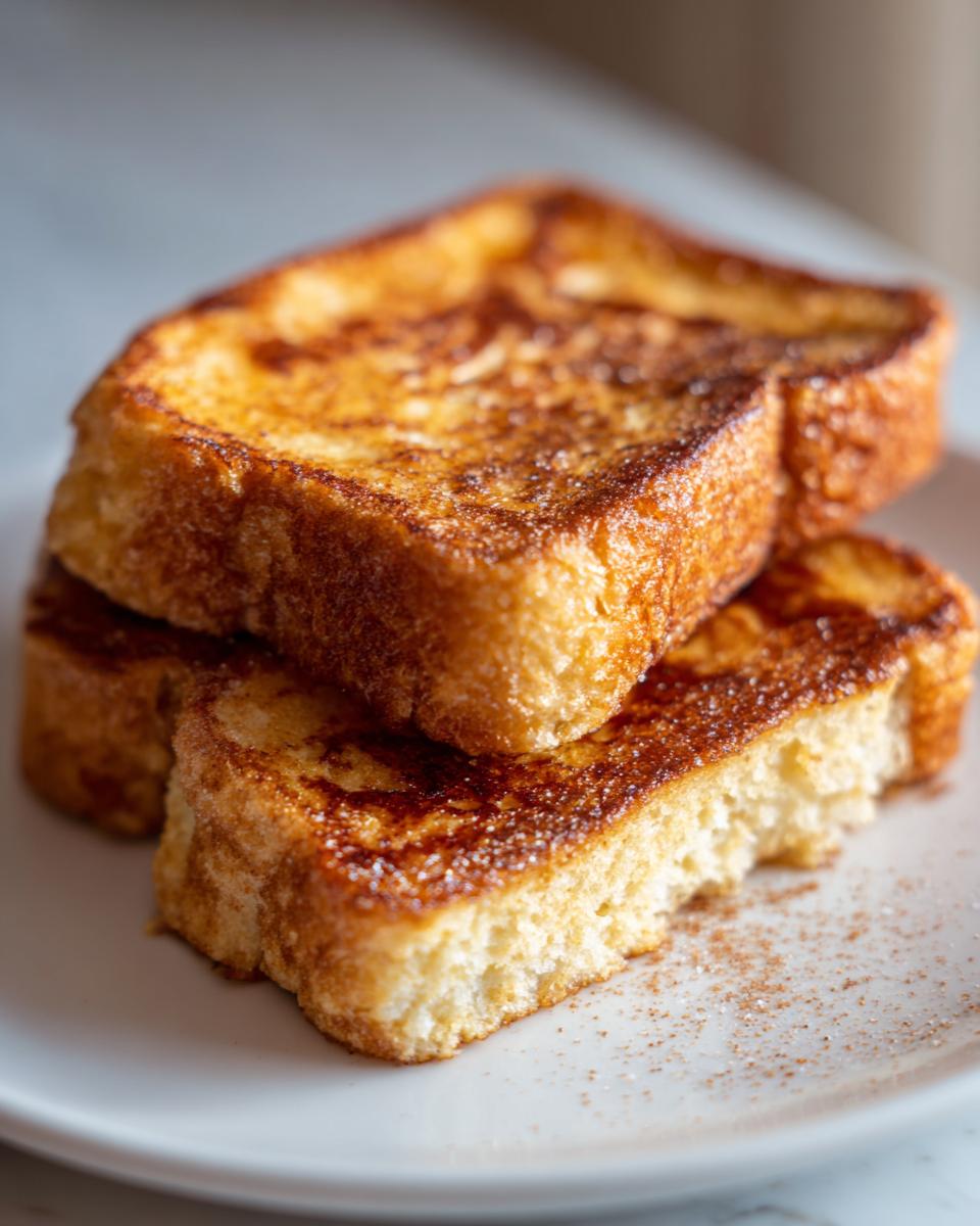 Close-up of three golden-brown slices of easy french toast stacked on a white plate, dusted with cinnamon sugar.