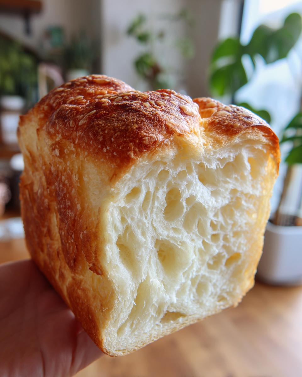 Close-up of a slice of japanese milk bread showing its incredibly soft, fluffy, and airy crumb structure.