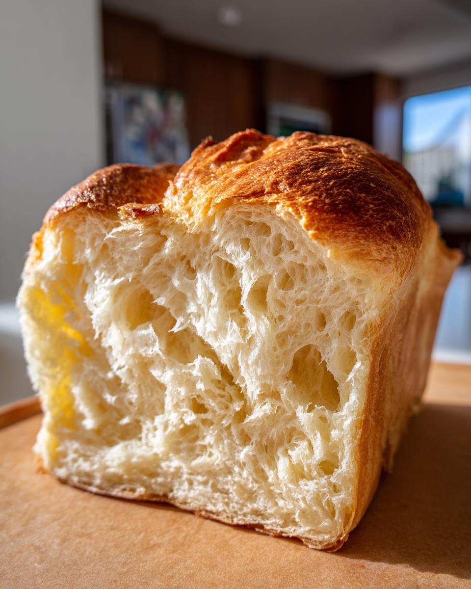 Close-up of the incredibly soft, fluffy interior crumb structure of a freshly baked japanese milk bread loaf.
