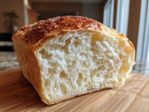 Cross-section of a freshly baked japanese milk bread showing its incredibly soft, stringy, and fluffy white interior.