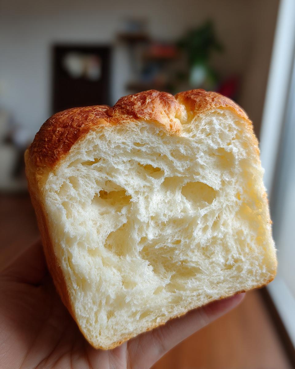 Close-up of a hand holding a slice of incredibly soft japanese milk bread, showing its fluffy white interior.