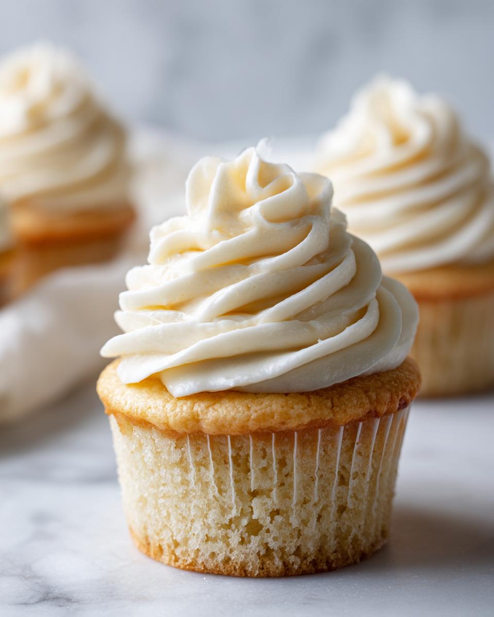 Close-up of a single, fluffy vanilla cupcake topped with perfectly swirled white vanilla buttercream frosting.