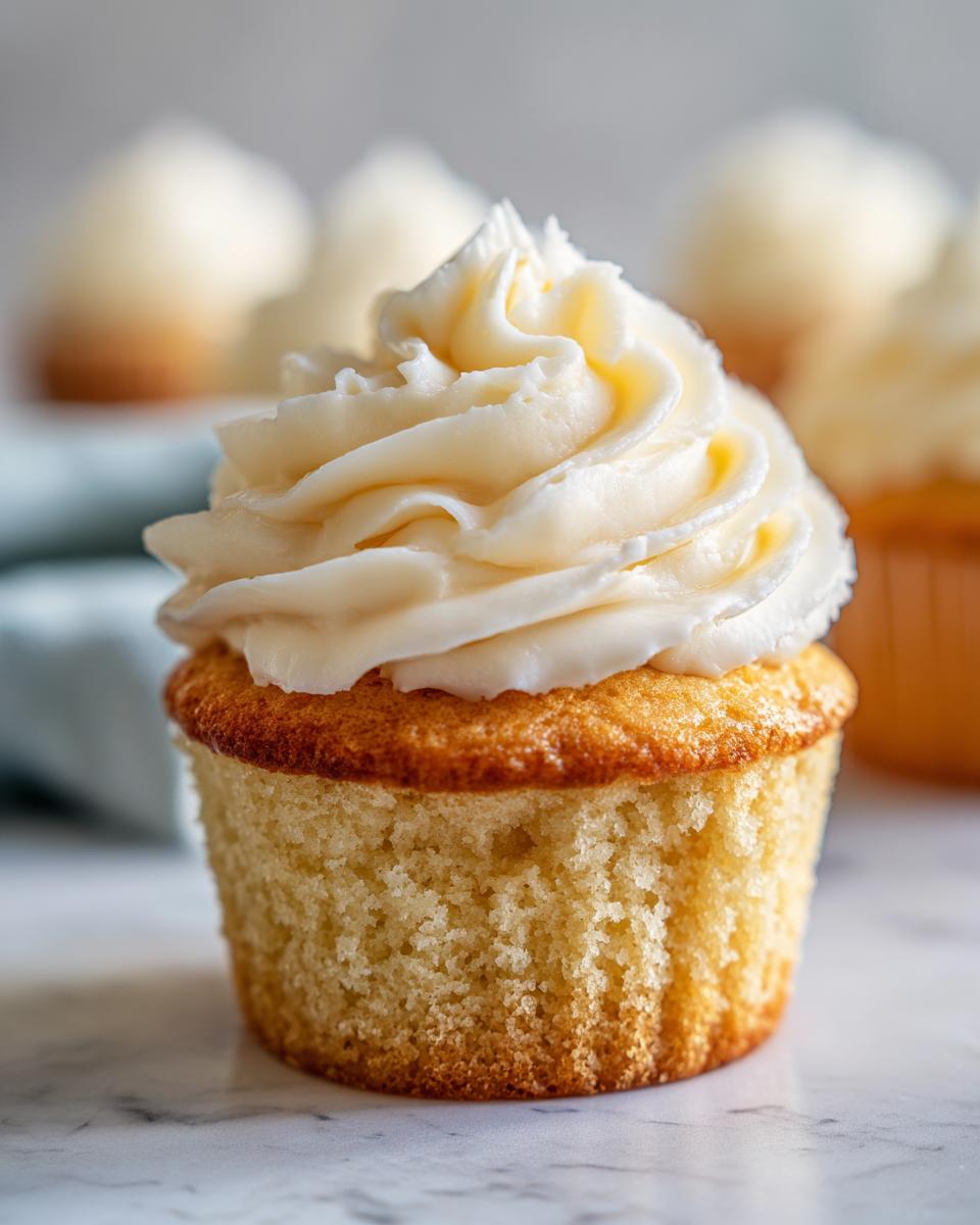 Close-up of a perfectly baked vanilla cupcakes topped with a swirl of creamy white frosting.