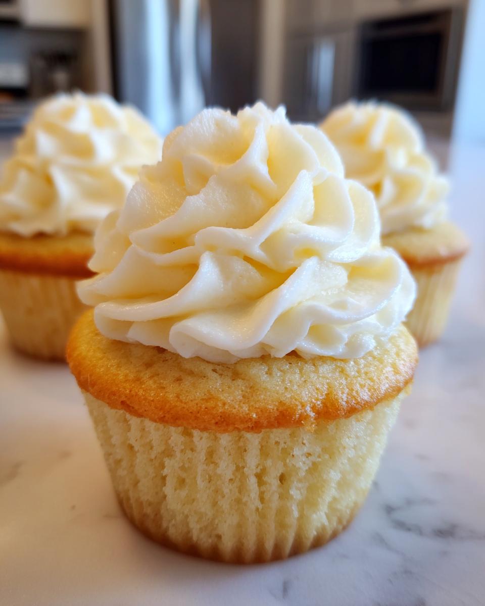Close-up of a fluffy vanilla cupcake topped with a perfect swirl of white vanilla buttercream frosting.