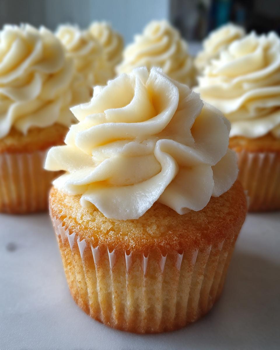 Close-up of a fluffy vanilla cupcake topped with a swirl of creamy white vanilla frosting.