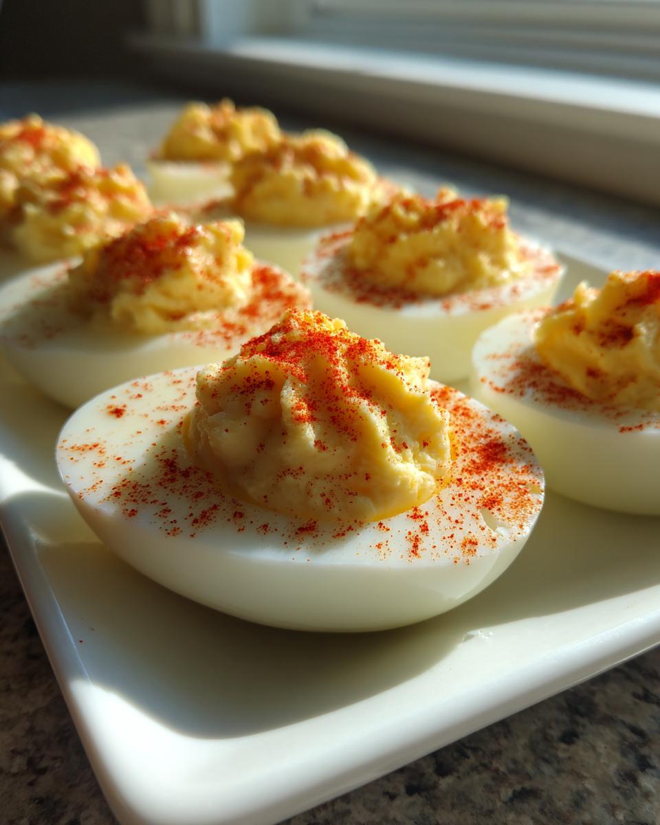 Close-up of several creamy deviled eggs dusted with bright red paprika on a white platter.