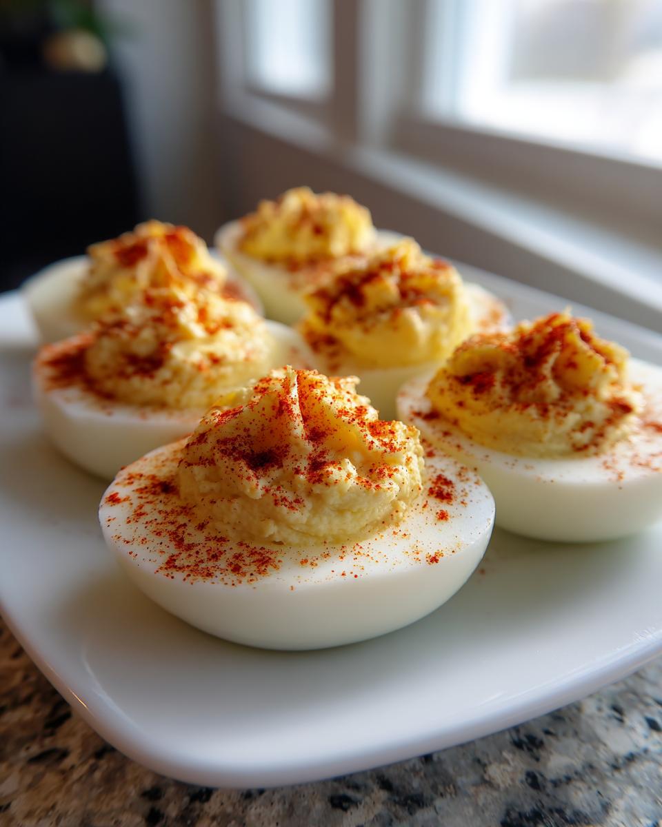 A close-up of several creamy, piped deviled eggs sprinkled generously with paprika on a white plate.