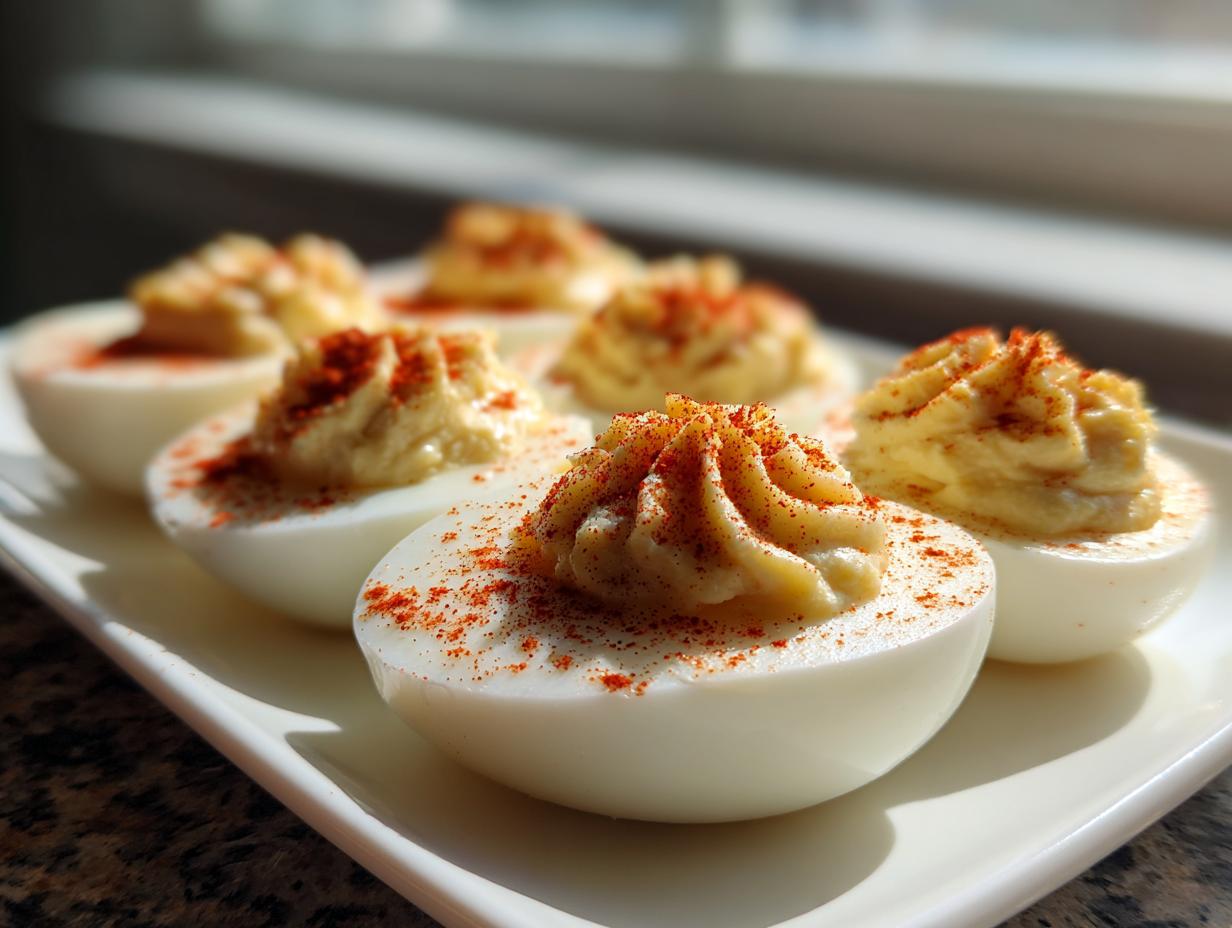 Close-up of several perfectly piped deviled eggs sprinkled with paprika on a white platter.