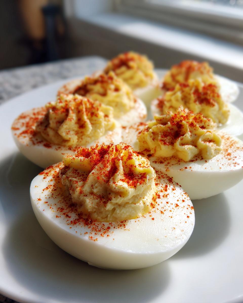 Close-up of creamy, piped deviled eggs dusted generously with bright red paprika on a white plate.