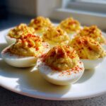 Close-up of several perfectly piped deviled eggs sprinkled with bright red paprika on a white plate.