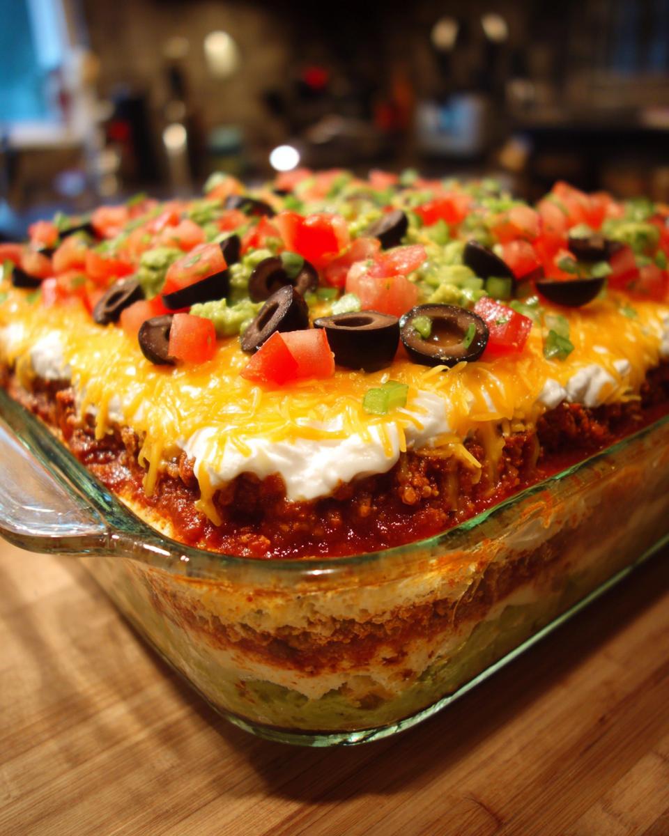 Close-up of a fully assembled Seven layer dip in a clear glass dish, topped with cheese, sour cream, tomatoes, and olives.