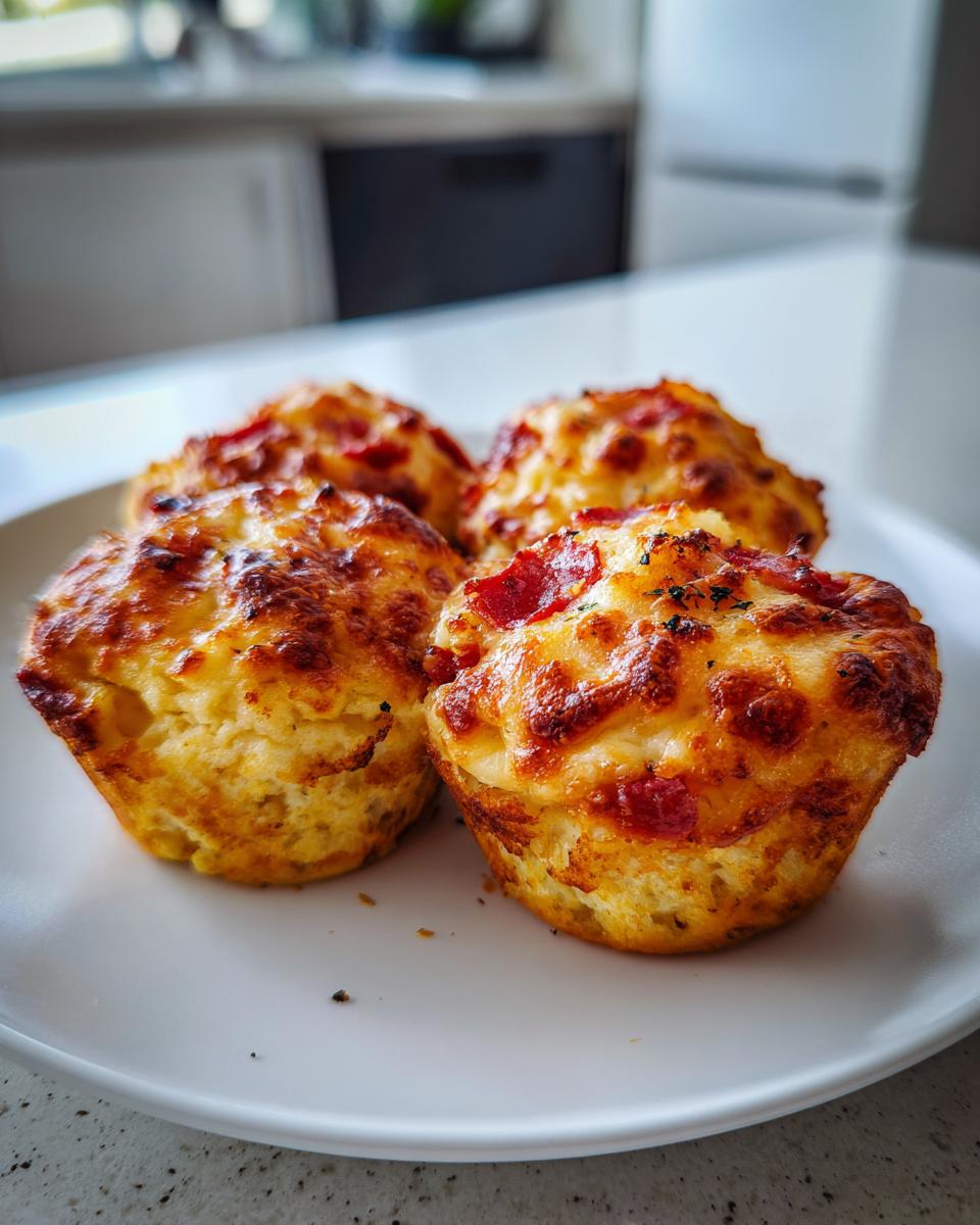 Four freshly baked pizza muffins with melted, browned cheese and pepperoni pieces on a white plate.