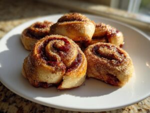 Five golden-brown, sugar-coated Rugelach pastries with dark filling piled on a white plate.