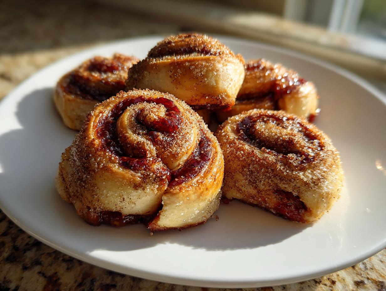 Five golden-brown, sugar-coated Rugelach pastries with dark filling piled on a white plate.