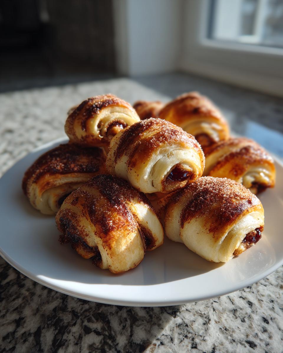A small pile of golden brown, sugar-dusted Rugelach pastries on a white plate, catching the sunlight.