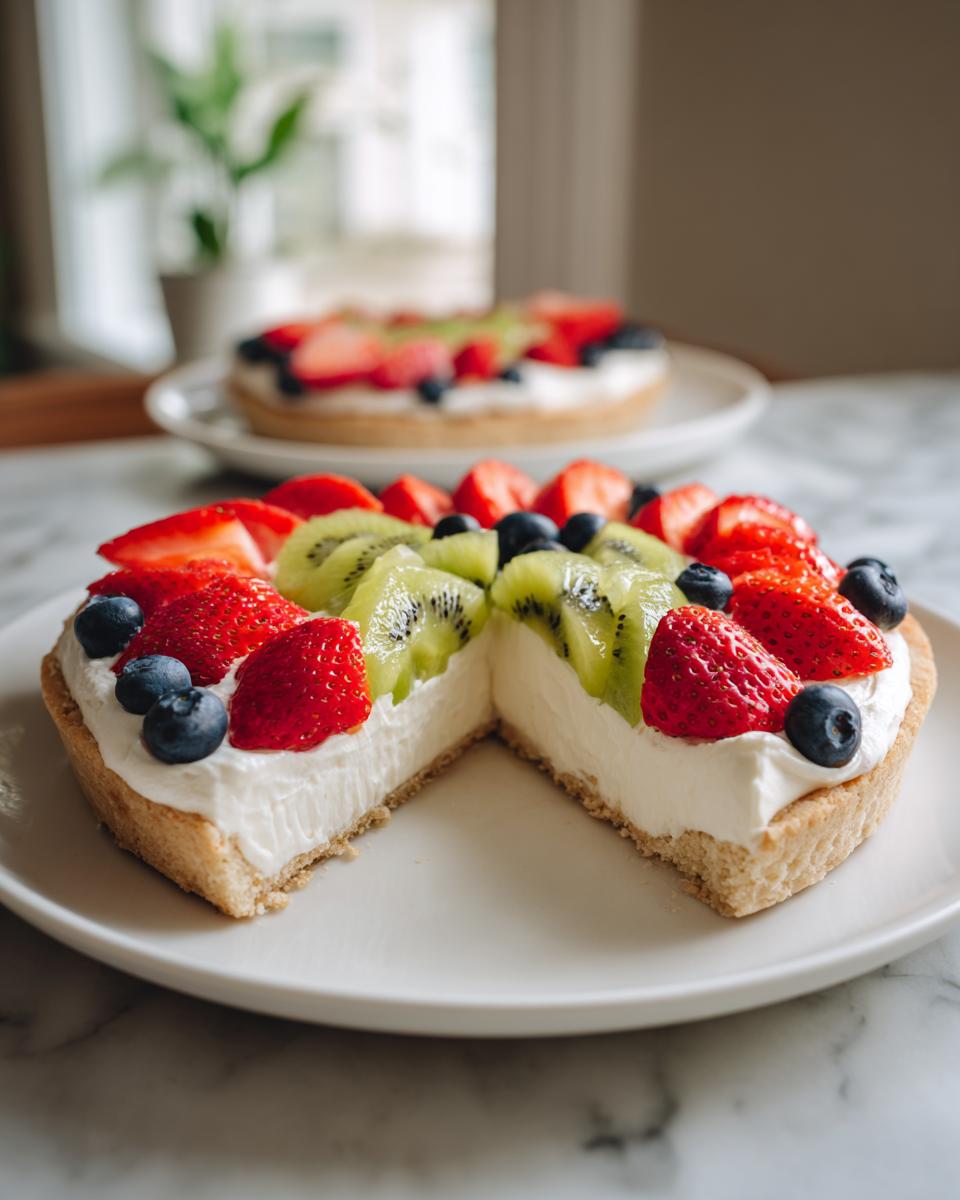 Close-up of a fruit pizza sugar cookie dessert with a slice removed, showing the thick cream cheese layer and fresh fruit topping.
