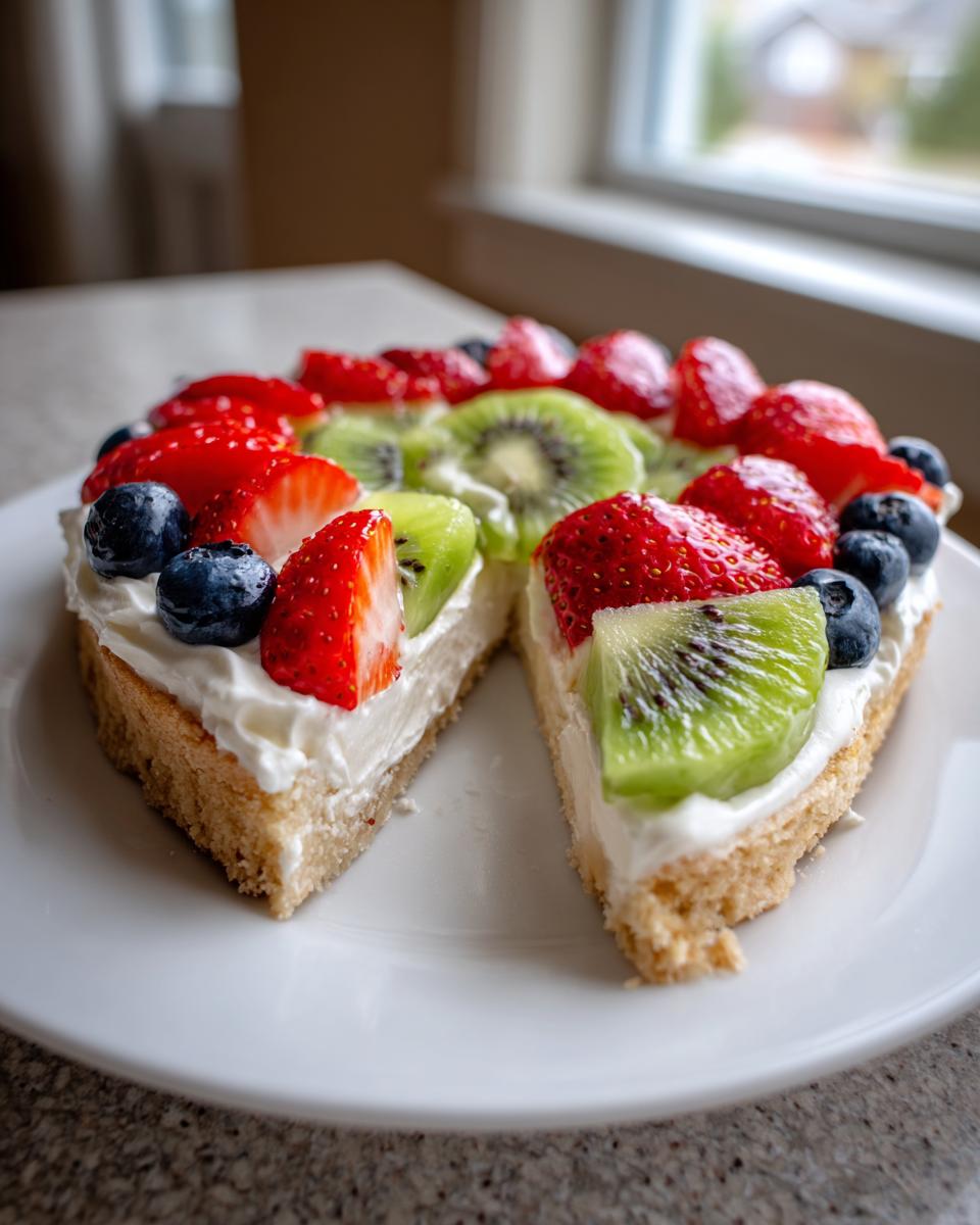 A slice removed from a fruit pizza sugar cookie topped with cream cheese frosting, strawberries, blueberries, and kiwi slices.