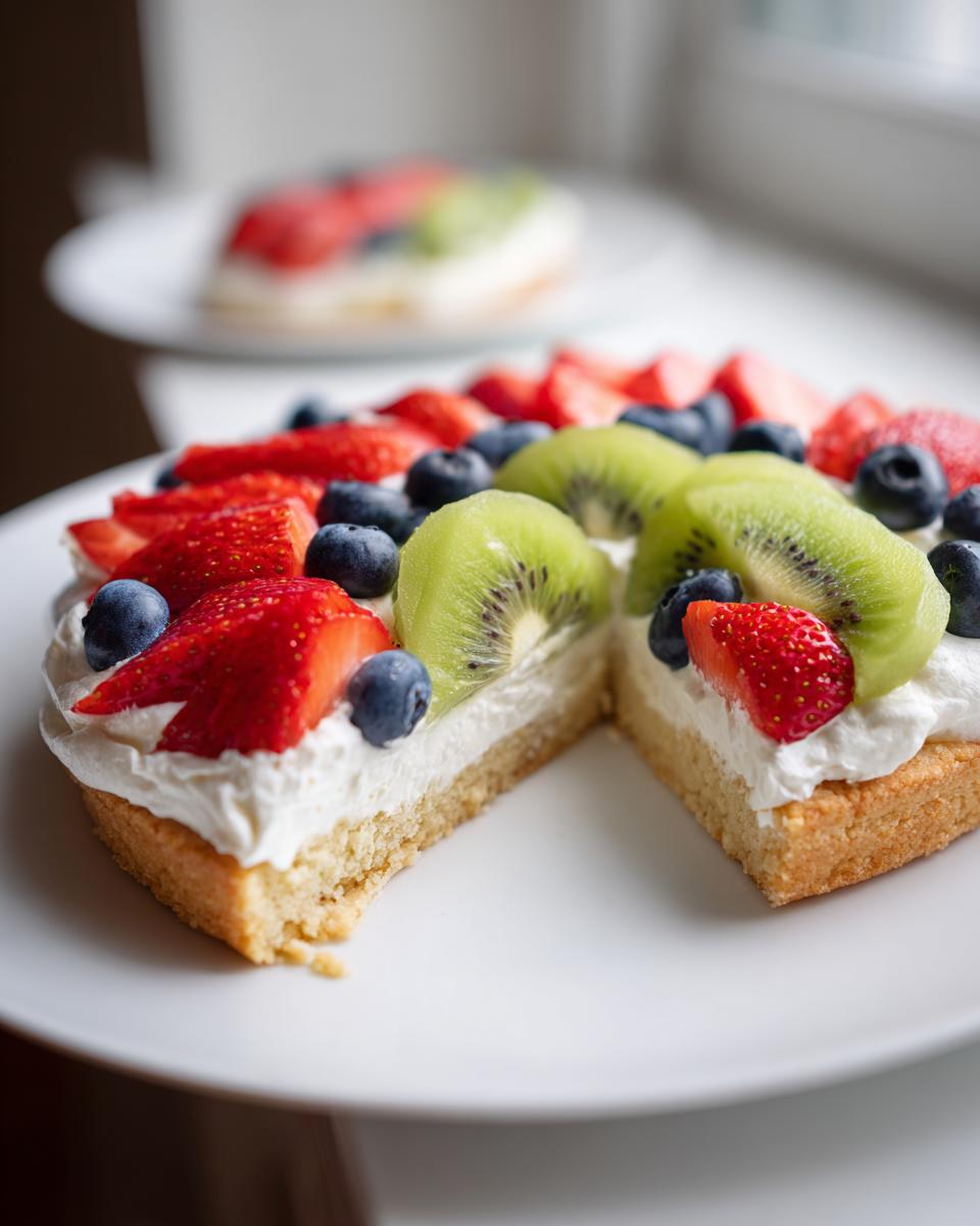 A slice missing from a fruit pizza sugar cookie topped with whipped cream, strawberries, blueberries, and kiwi.