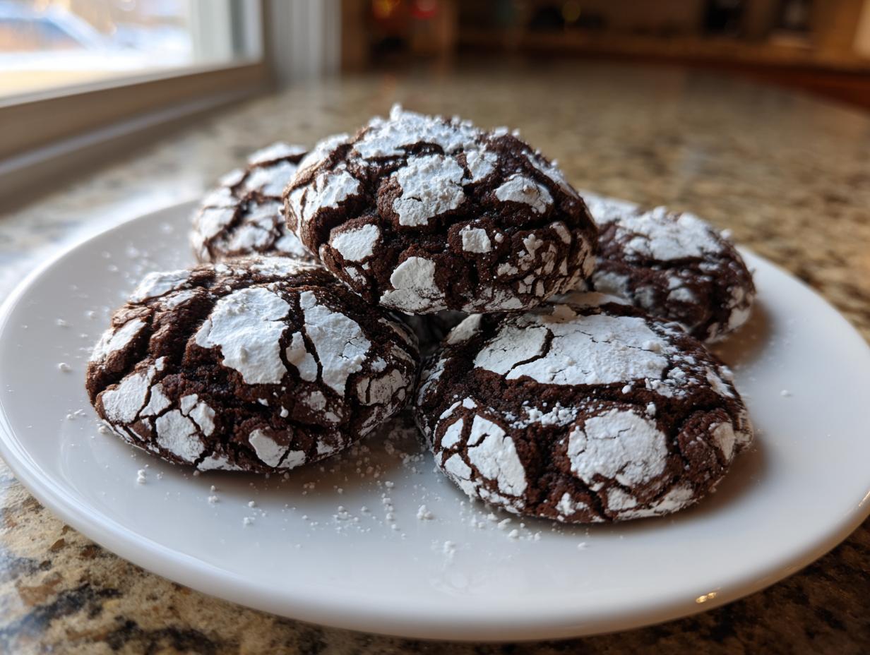 A stack of fudgy chocolate crinkle cookies dusted heavily with powdered sugar, sitting on a white plate.
