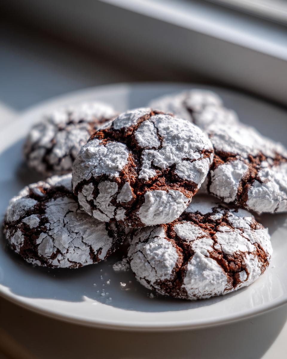 A close-up of several fudgy chocolate crinkle cookies heavily dusted with white powdered sugar on a white plate.