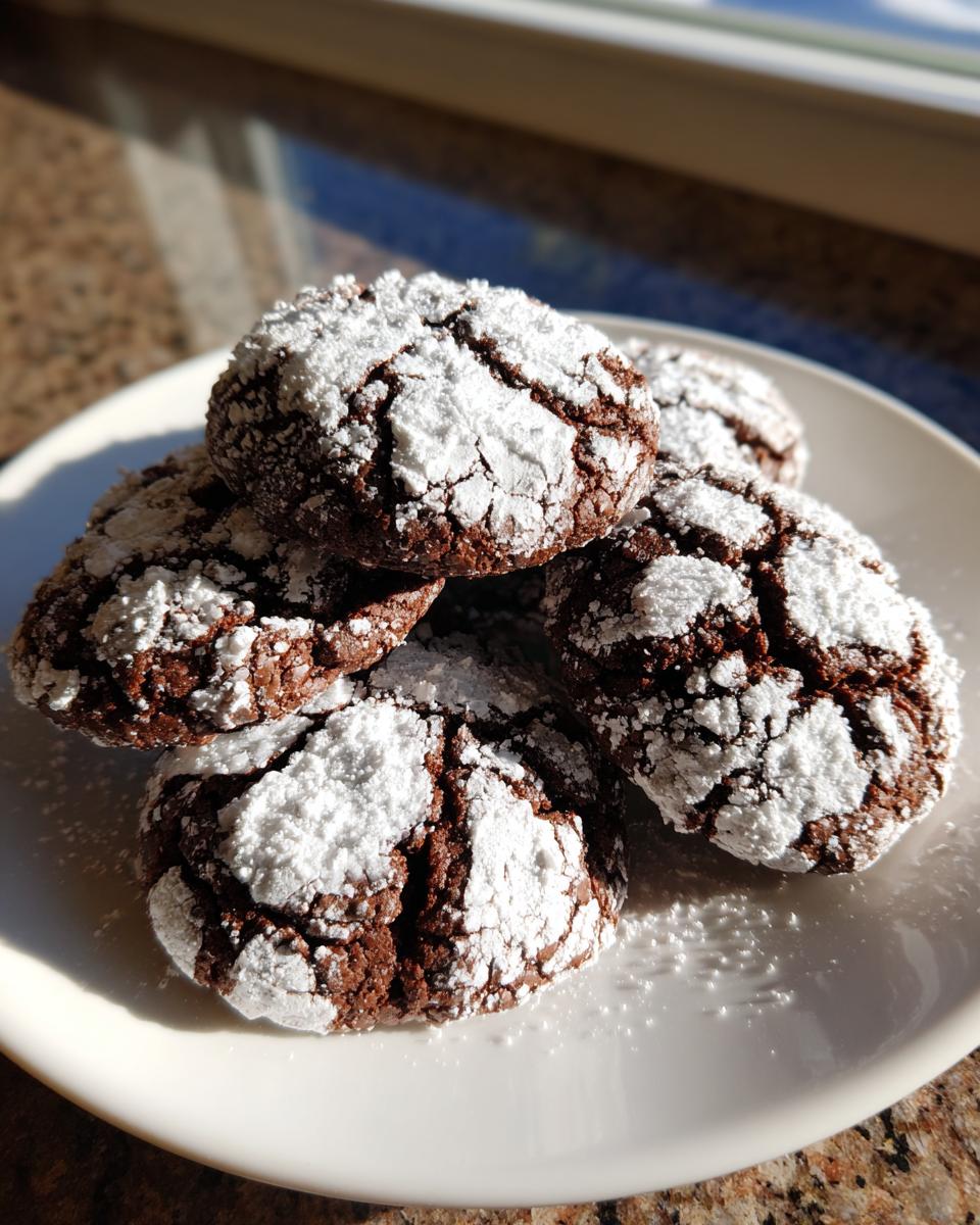 A stack of five fudgy chocolate crinkle cookies heavily coated in white powdered sugar on a white plate.