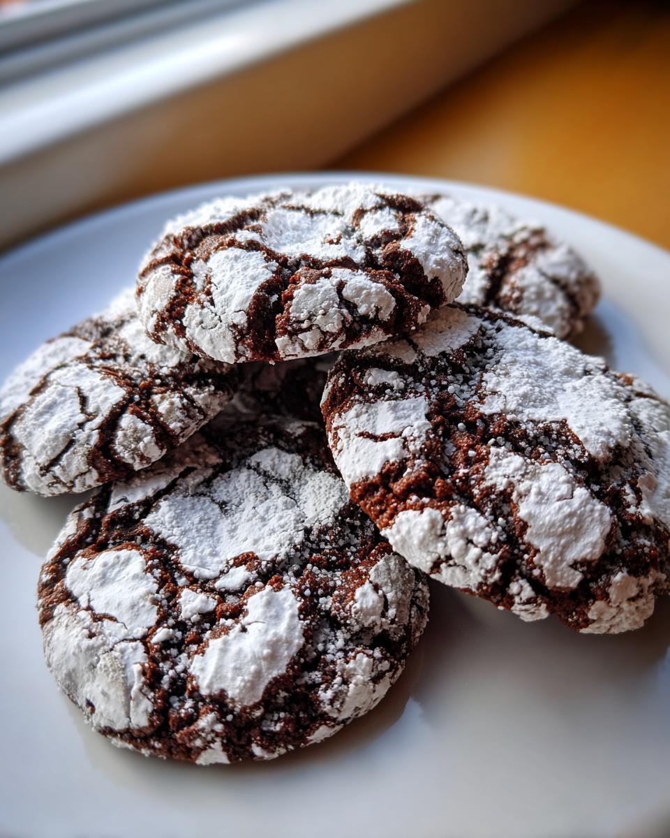 A pile of rich, dark chocolate crinkle cookies heavily dusted with white powdered sugar on a white plate.