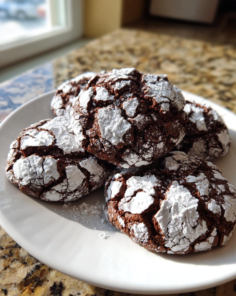A stack of five fudgy chocolate crinkle cookies dusted heavily with white powdered sugar on a white plate.