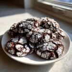 A stack of rich, dark chocolate crinkle cookies heavily dusted with powdered sugar, sitting on a white plate.