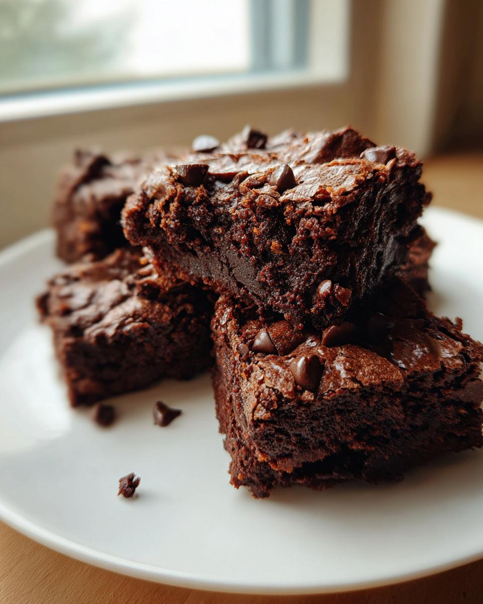 Close-up of several fudgy sweet potato brownies stacked on a white plate, topped with chocolate chips.