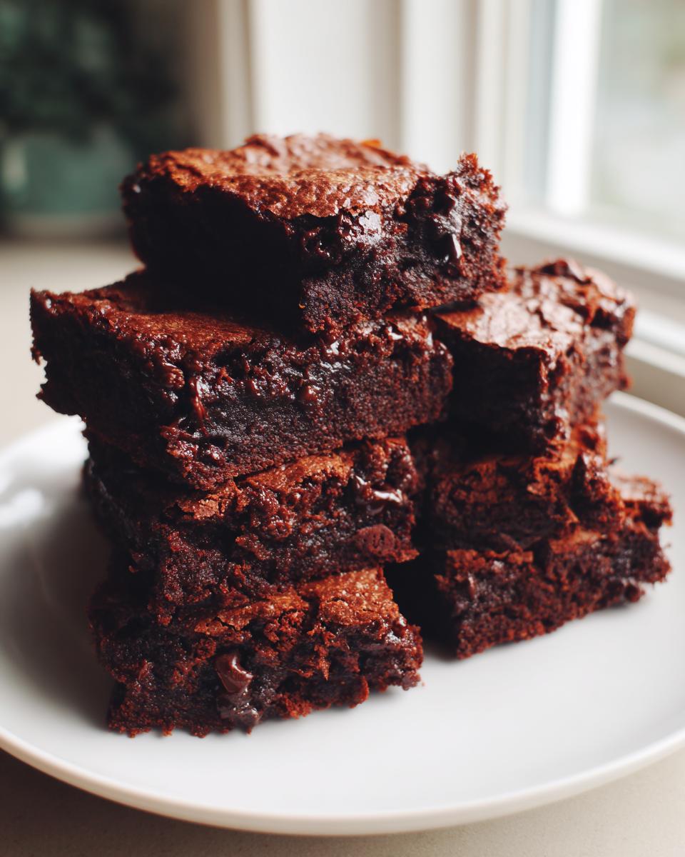 A stack of rich, fudgy sweet potato brownies with visible chocolate chips on a white plate.