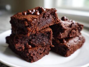 A stack of four fudgy sweet potato brownies topped with melted chocolate chips on a white plate.