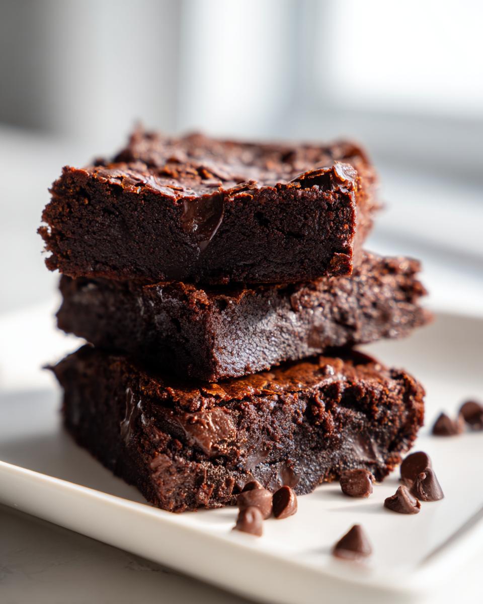 A stack of three incredibly fudgy sweet potato brownies, studded with melted chocolate chips, sitting on a white plate.