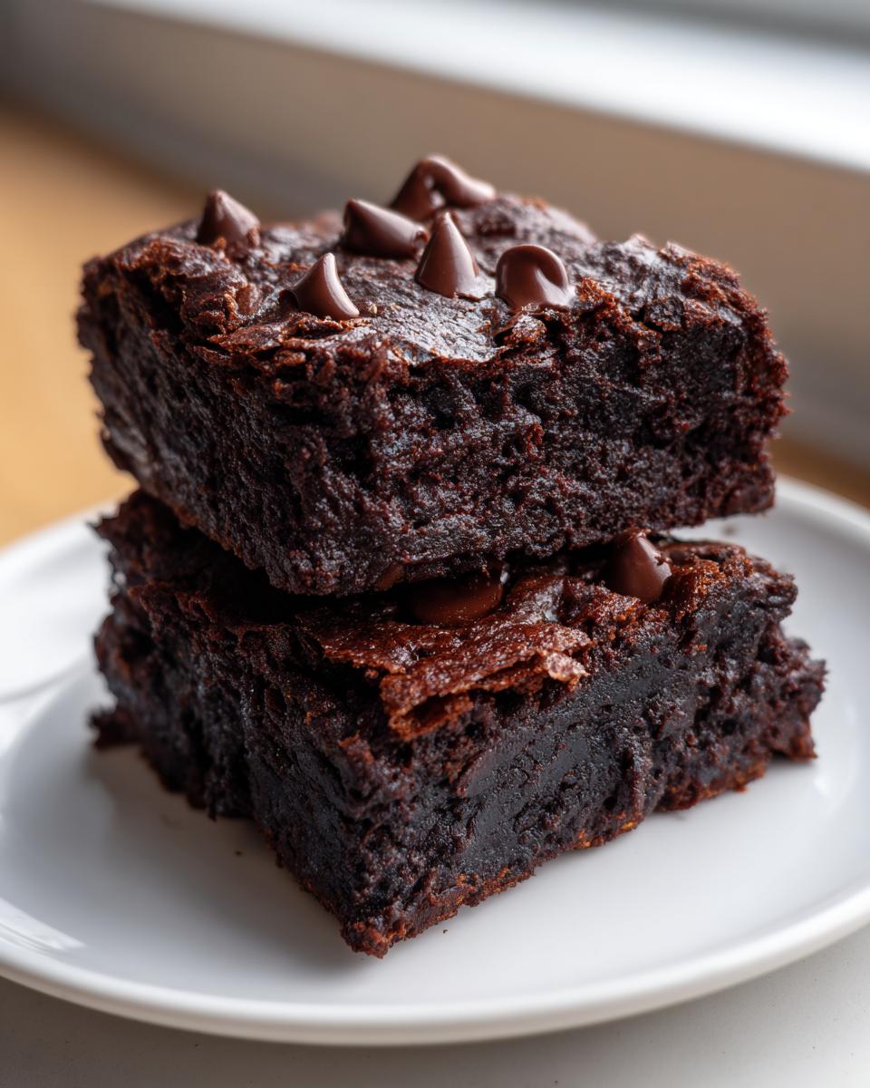 Two stacked, fudgy sweet potato brownies topped with melted chocolate chips on a white plate.