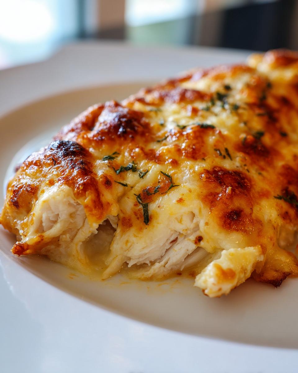 Close-up showing the flaky white meat of Garlic Parmesan Chicken Bake under a bubbly, golden-brown cheese topping.