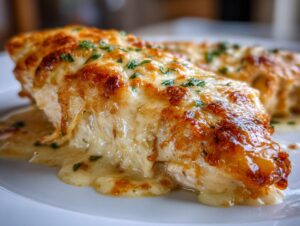 Close-up of a juicy chicken breast topped with bubbly, browned cheese from the Garlic Parmesan Chicken Bake.