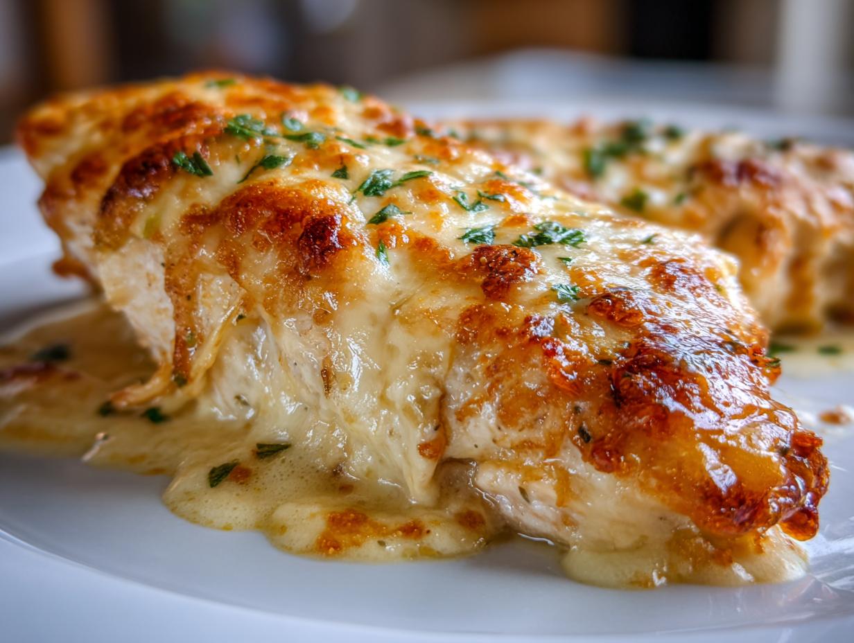 Close-up of a juicy chicken breast topped with bubbly, browned cheese from the Garlic Parmesan Chicken Bake.