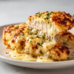 A piece of Garlic Parmesan Chicken Bake being lifted, showing melted, stretchy cheese and a golden-brown crust.