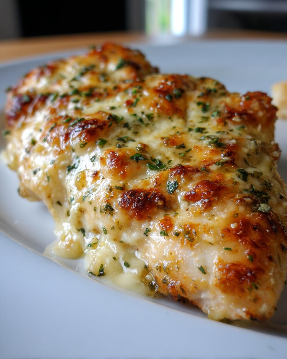 Close-up of a juicy chicken breast topped with melted, browned cheese and green herbs from the Garlic Parmesan Chicken Bake.