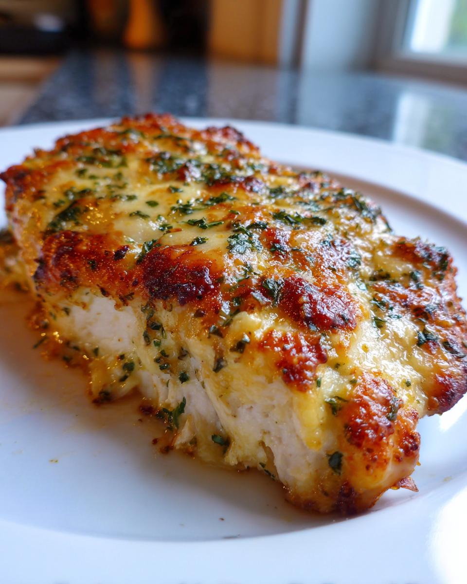 A close-up of a juicy chicken breast topped with melted, browned cheese and sprinkled with green herbs, ready to serve as Garlic Parmesan Chicken Bake.