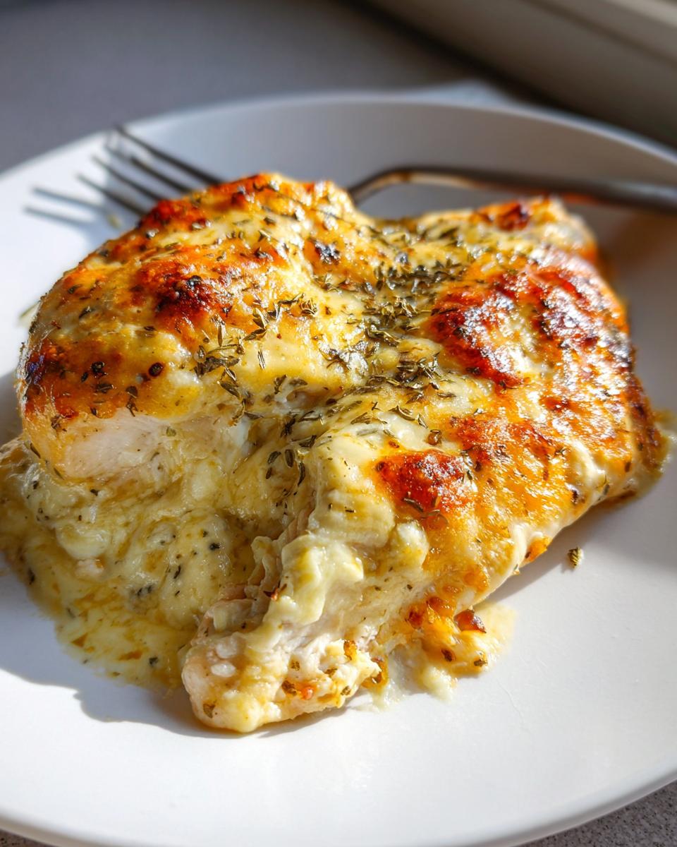 Close-up of a juicy Garlic Parmesan Chicken Bake topped with melted, browned cheese and herbs.