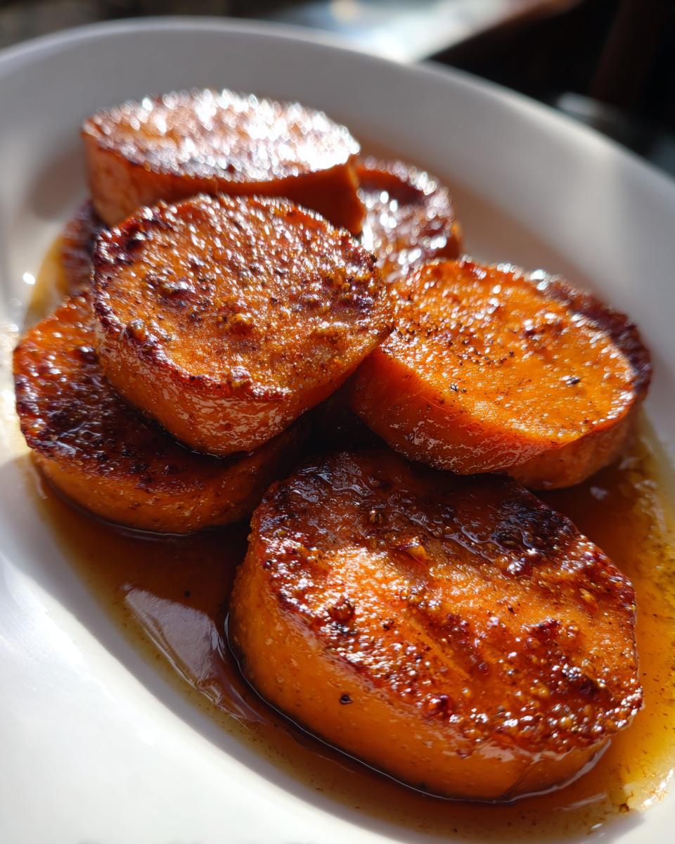Close-up of thick, caramelized slices of candied sweet potatoes sitting in a rich brown syrup on a white plate.