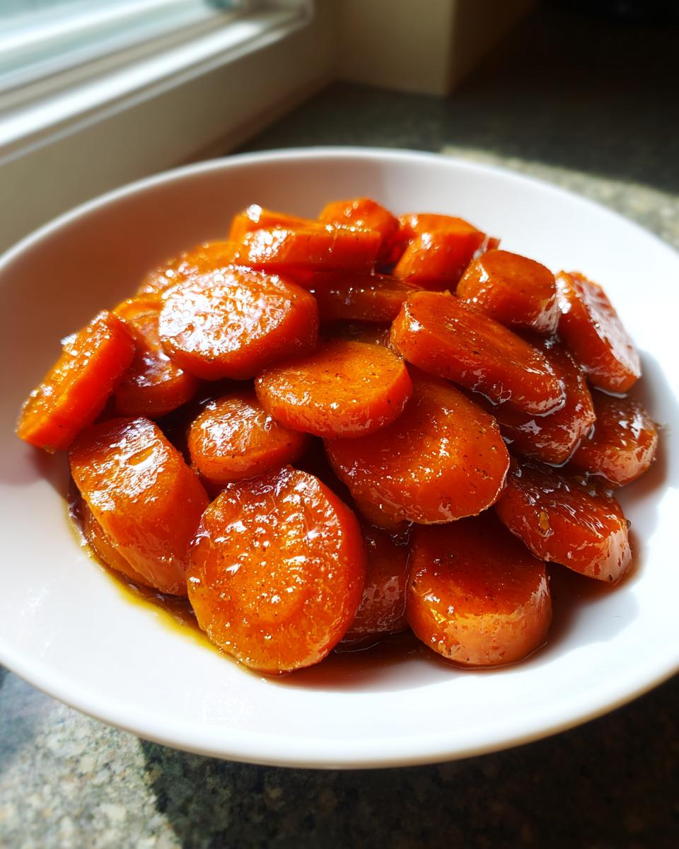 A close-up of bright orange, glossy glazed carrots piled high in a white bowl.