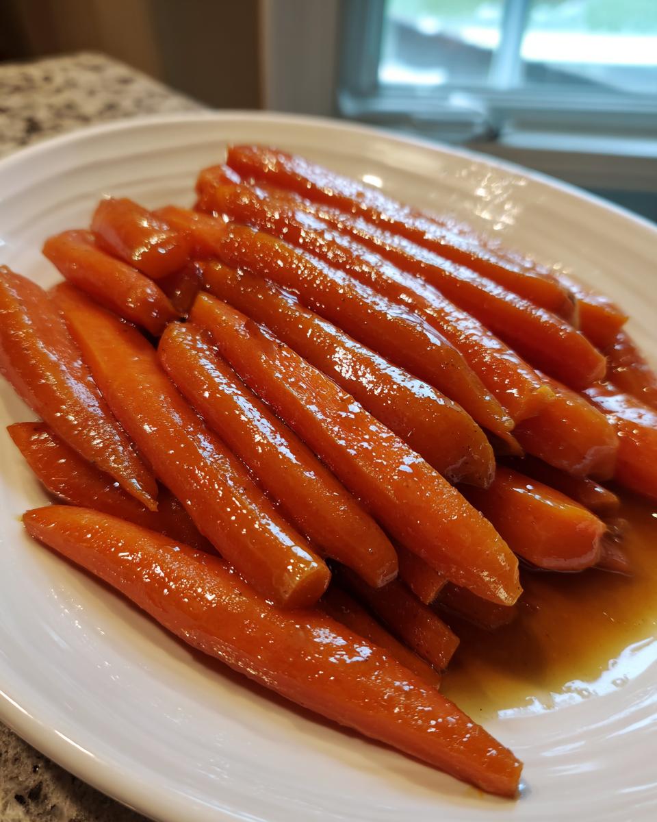 A close-up of bright orange, tender glazed carrots piled high on a white serving dish.