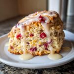 Close-up of a fluffy cranberry orange scone drizzled generously with white vanilla glaze.
