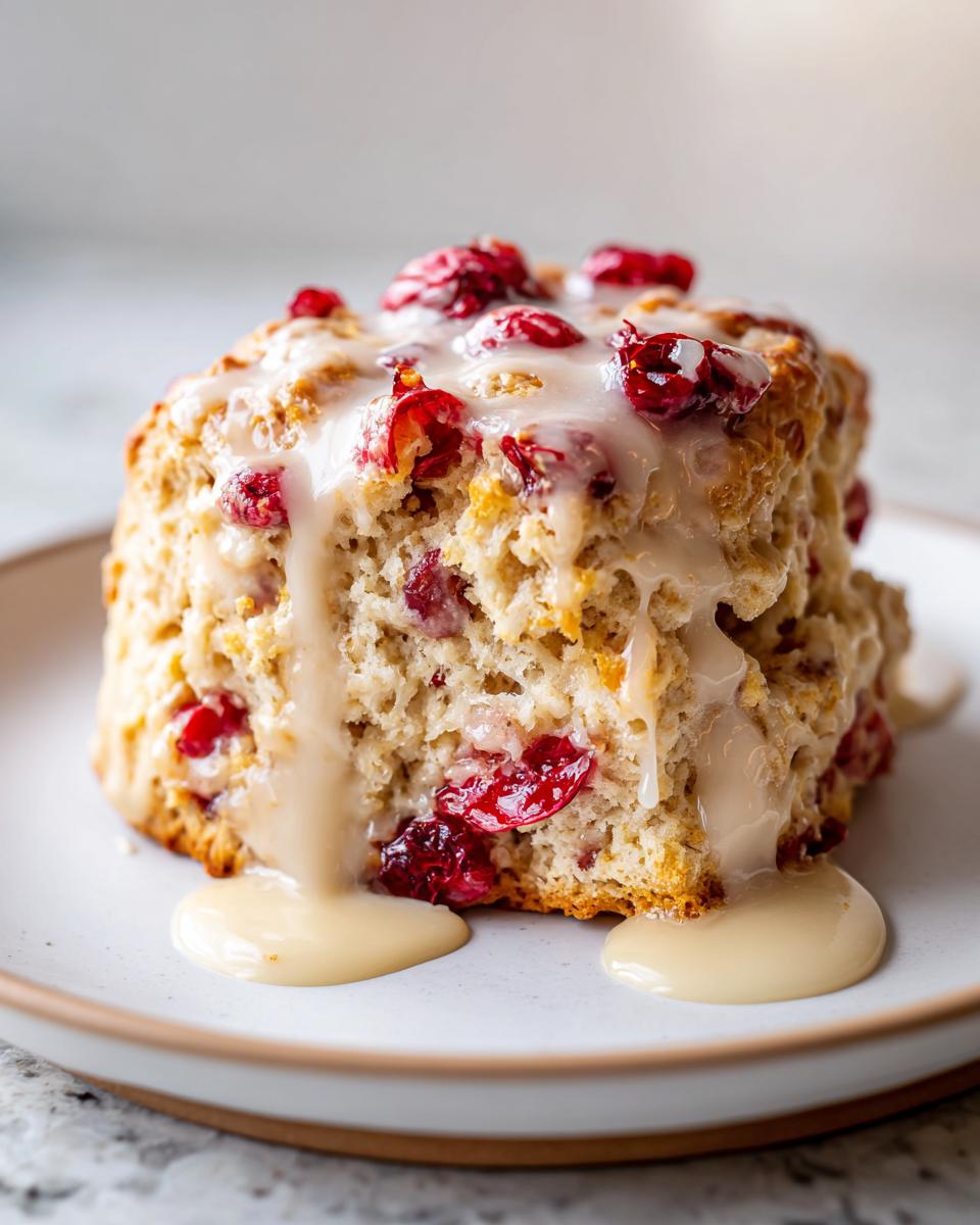 A close-up of a single, thick cranberry orange scone topped with a thick vanilla glaze dripping down the sides.