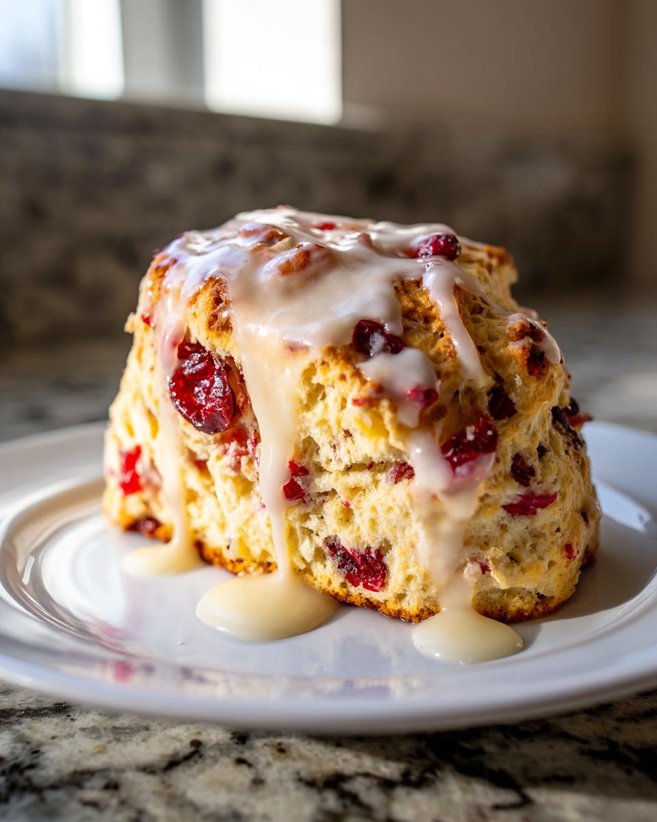 A single, tall cranberry orange scone topped with thick, dripping vanilla glaze on a white plate.